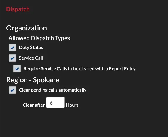 Dispatch Settings: Allowed Types and Clear Pending Calls Automatically settings per region.