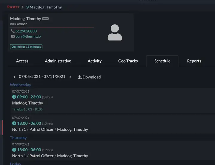Schedule tab on User profile screen