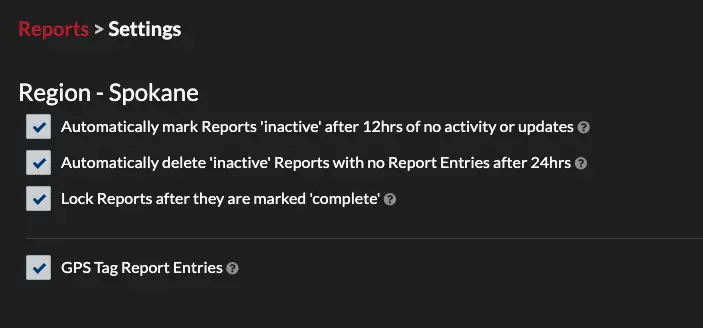 Region Options, GPS Tag Report Entries is checked