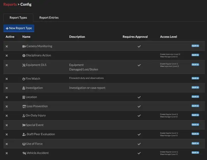 THERMS default report types and New Report Type button